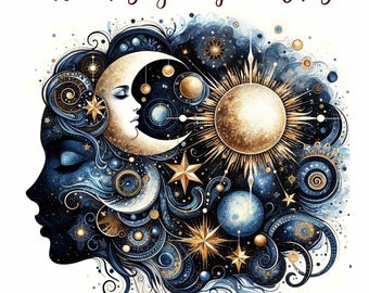 May include: A digital illustration of a woman's face with a crescent moon and sun in her hair. The background is a dark blue with gold stars and swirls.