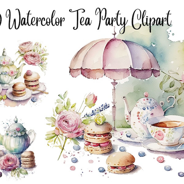 10 Watercolor Tea Party Clipart, JPGs, Digital Planner, Paper crafts, Scrapbooking,Tea time Clipart, Commercial use, Digital download