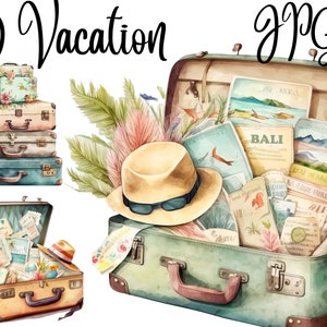 May include: A vintage suitcase filled with travel brochures and a straw hat with sunglasses. The suitcase is open and has a green and brown exterior. The brochures are for destinations like Bali and Jamaica. The suitcase is surrounded by tropical plants and flowers. 10 JPGs.