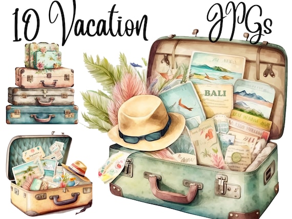 10 Vacation Clipart, Suitcases Clipart, Flower Suitcases, JPGs, Digital Planner, Paper crafts, Scrapbooking,Instant download, summer clipart