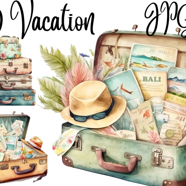 10 Vacation Clipart, Suitcases Clipart, Flower Suitcases, JPGs, Digital Planner, Paper crafts, Scrapbooking,Instant download, summer clipart