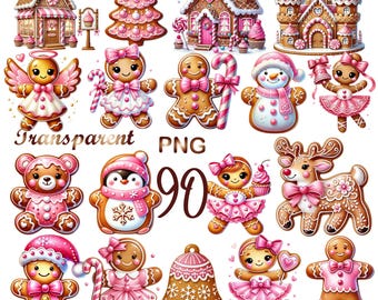 May include: A collection of whimsical gingerbread-themed illustrations. The image features gingerbread houses, a Christmas tree, and various gingerbread characters, including angels, a snowman, and a reindeer, all in shades of pink and brown.