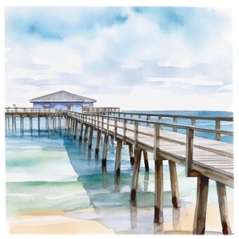 Peut inclure: Une peinture &agrave; l'aquarelle d'une jet&eacute;e en bois s'&eacute;tendant sur une mer bleue calme. La jet&eacute;e a un petit b&acirc;timent bleu au d&eacute;but et est soutenue par des poteaux en bois. L'eau est d'un bleu clair et vert, et le ciel est d'un bleu clair avec des nuages blancs.