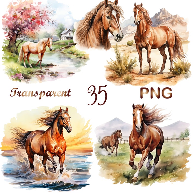 May include: Four watercolor paintings of horses. The first painting shows a brown horse standing in a field of grass. The second painting shows a brown horse running through a body of water. The third painting shows a brown horse standing in a field of grass with a pink tree in the background. The fourth painting shows a brown horse standing in a field of grass with a mountain in the background.