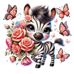 Op de afbeelding: Een schattig cartoonzebra met zwart-witte strepen, grote blauwe ogen en roze wangen. Het zebra houdt een boeket roze rozen en andere bloemen vast. Er vliegen verschillende roze vlinders rond het zebra.