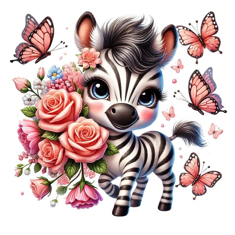 Op de afbeelding: Een schattig cartoonzebra met zwart-witte strepen, grote blauwe ogen en roze wangen. Het zebra houdt een boeket roze rozen en andere bloemen vast. Er vliegen verschillende roze vlinders rond het zebra.