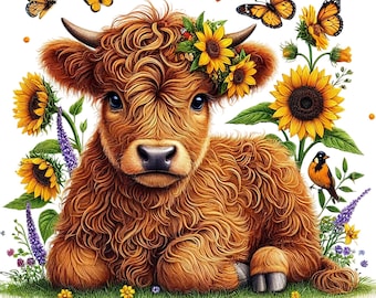 30 JPG, Watercolor Highland Cow Sunflowers  Clipart bundle, Sunflowers Highlands Cow art, Sunflowers Cow Clipart, Cute Highland Cow clipart