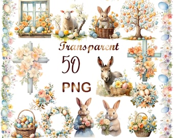 50 PNG Watercolor Pastel Easter Bundle Clipart, Spring Easter Egg Illustrations Clip art, Easter Bunny Sublimation, Floral Spring Ephemera