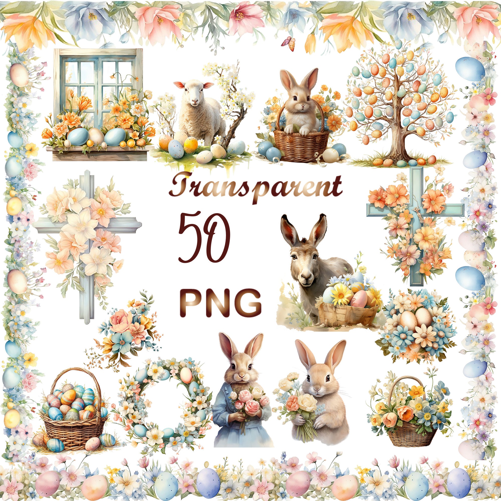50 PNG Watercolor Pastel Easter Bundle Clipart, Spring Easter Egg ...