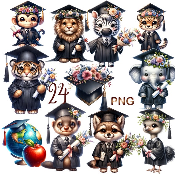 Watercolor Graduation Animals Clipart: Safari PNG Bundle (Commercial Use)