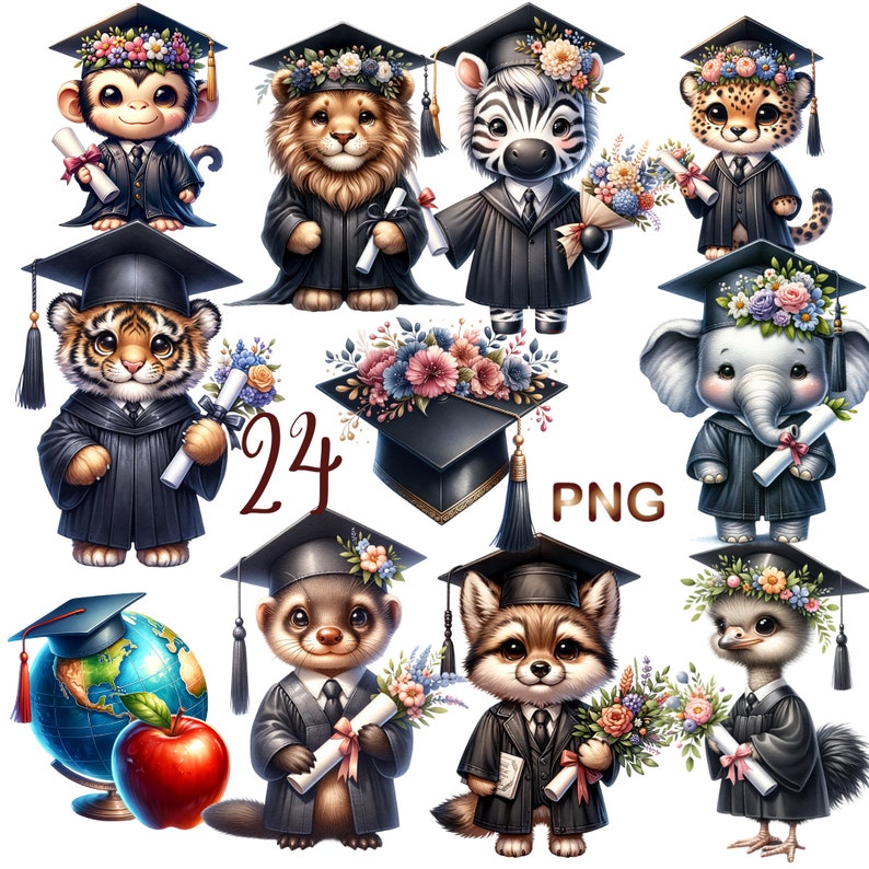 May include: A set of 24 graduation themed digital clipart images featuring various animals wearing graduation caps and gowns. The animals include a monkey, lion, zebra, elephant, tiger, fox, ostrich, and a few others. The images are perfect for creating invitations, cards, and other graduation-themed projects.
