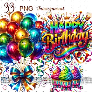 33 Birthday Motifs Clipart, Birthday party clipart, happy birthday png, birthday party, Joy Celebration Illustrations, Party Art, Digital