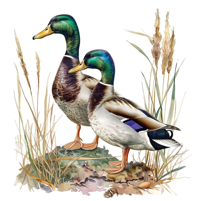May include: Two mallard ducks, one green and brown, the other green and gray, standing on a rock with brown and green reeds behind them.
