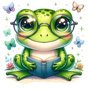 Puede incluir: Una rana verde con gafas redondas se sienta con un libro azul en sus manos. La rana tiene ojos grandes y redondos y una gran sonrisa. La rana est&aacute; rodeada de peque&ntilde;as mariposas coloridas.
