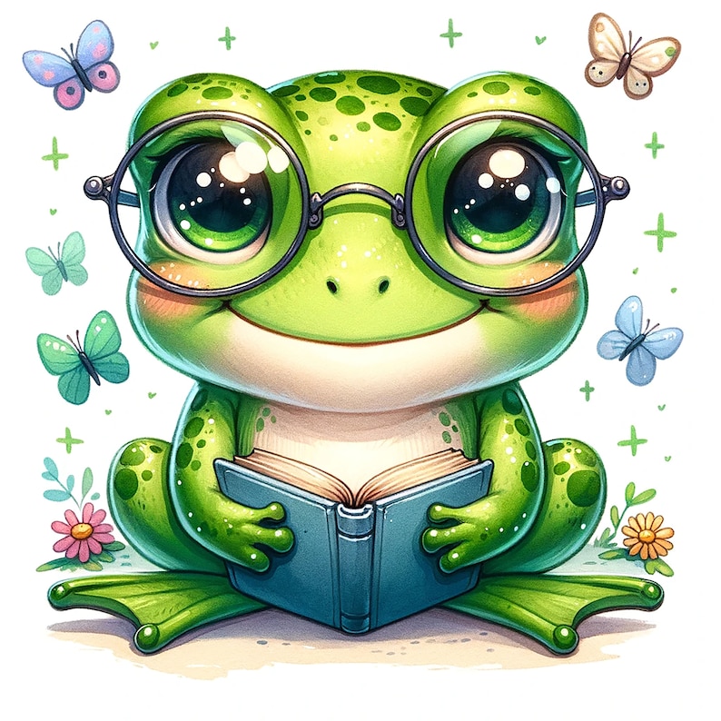 Puede incluir: Una rana verde con gafas redondas se sienta con un libro azul en sus manos. La rana tiene ojos grandes y redondos y una gran sonrisa. La rana est&aacute; rodeada de peque&ntilde;as mariposas coloridas.