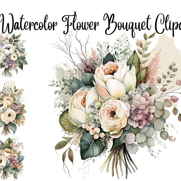 14 Flower Bouquet Watercolor Clipart, Flower Arrangement Clipart, Floral, JPG, Junk Journaling, Card Making, Commercial Use,Digital Download