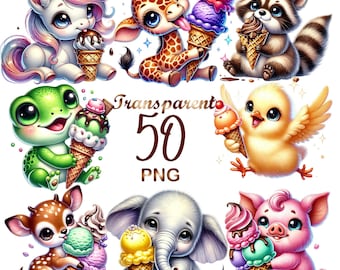50 PNG Animals with Ice Cream Clipart Bundle, Cute Summer Animal Illustrations, Kawaii Animal Ice Cream Art, Sublimation, Commercial Use