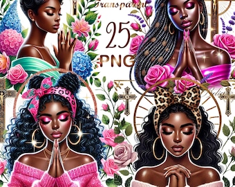 25 PNG, Black Girl Praying Clipart, Black Woman Faith Clipart, Jesus and Faith, Black girl clipart,afro girl clipart,Sublimation,dtf png,dtf