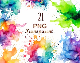 May include: A set of 21 watercolor paint splatters in various colors, including blue, green, yellow, orange, red, and purple. The splatters are arranged in a circular pattern on a white background. The text "21 PNG Transparent" is written in brown text in the center of the image.