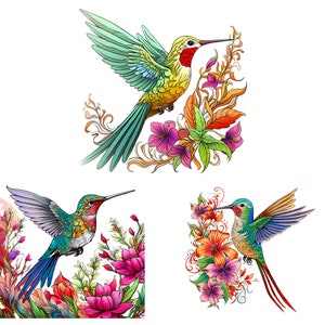 Op de afbeelding: Drie kleurrijke kolibries met ingewikkelde details zijn afgebeeld in een bloemrijke omgeving. De vogels zitten op takken en bloemen, met hun vleugels uitgespreid. De bloemen zijn een mix van roze, rood, oranje en geel.