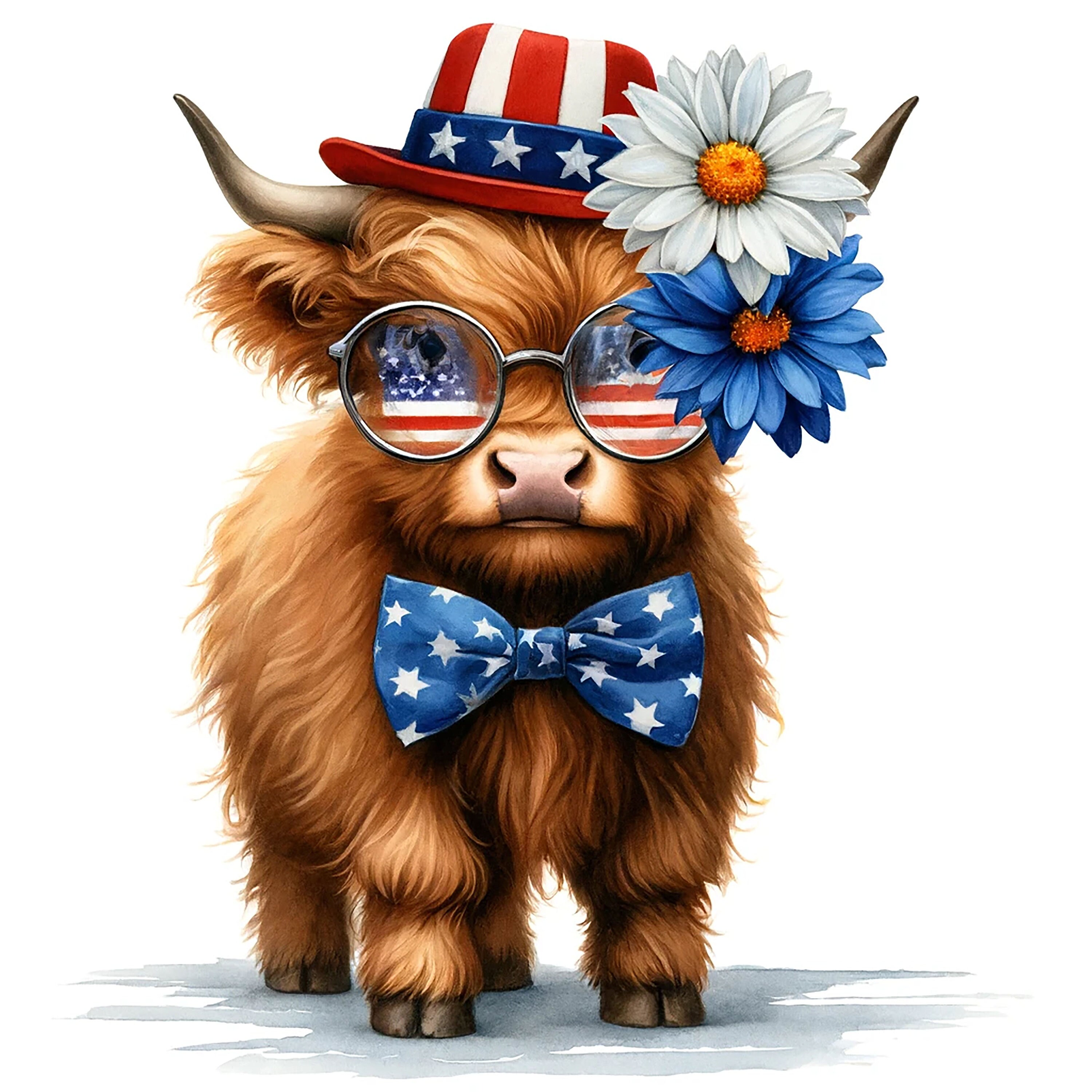 29 JPG Watercolor patriotic highland cow clipart, Memorial Day clipart, 4th of July, baby highland cow, American clipart, commercial use