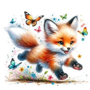 Puede incluir: Una pintura de acuarela de un lindo zorro naranja con un pecho blanco y una cola esponjosa corriendo por un campo de flores coloridas y mariposas. El zorro tiene ojos azules y una expresi&oacute;n feliz.