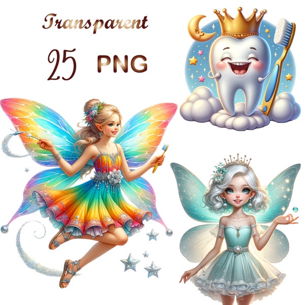 25 PNG Tooth fairy clipart, Watercolor fairy characters clipart, Little fairy tale characters, Baby tooth, Milk tooth, Wings, Fairy tale