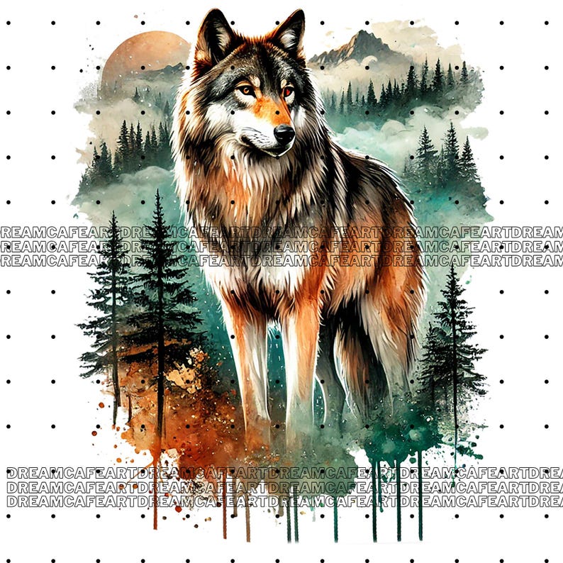 May include: A watercolor painting of a wolf standing in a forest with mountains in the background. The wolf is brown and gray with a red nose and eyes. The forest is green and the mountains are brown and gray. The painting is surrounded by a white background with black dots.