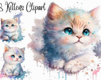 8 Watercolor Kitten Clipart, 10 Cute Cat PNG JPG (Digital Download)