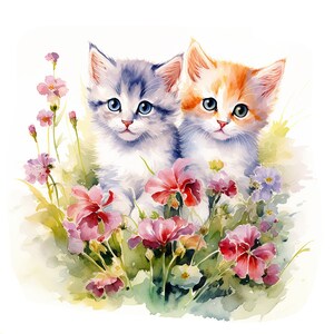 May include: A watercolour painting of two kittens amongst flowers. One kitten is grey and white, the other is orange and white. The flowers are pink, purple, and red, with green foliage. The kittens have blue eyes.