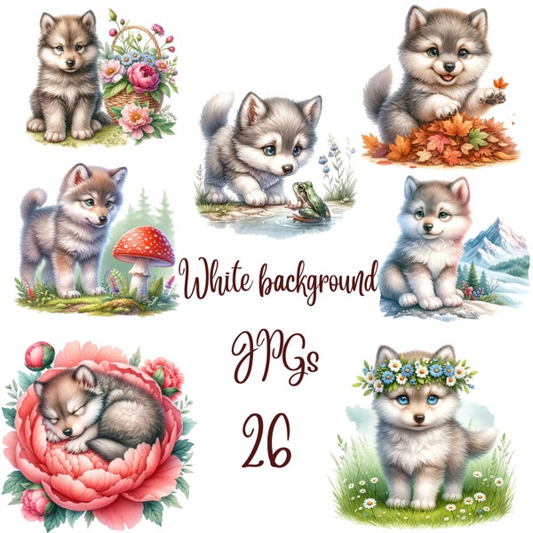 26 JPG, Charming Wolf Clipart, Baby wolf clipart bundle,Adorable Wolf Clipart Bundle,Forest Nursery Wall Art,Commercial use,Digital Download