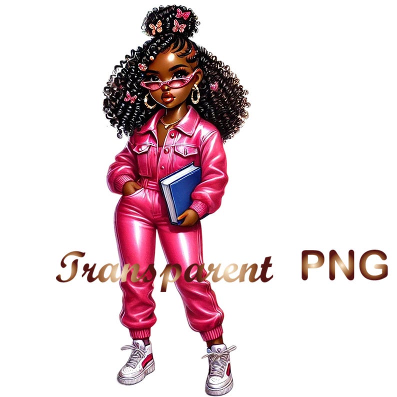 May include: A digital illustration of a young woman with dark brown skin, wearing a pink jumpsuit, white trainers, and pink sunglasses. She has curly black hair with pink butterfly hair clips and is holding a blue book.