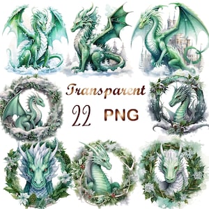 Może przedstawiać: Zestaw 22 cyfrowych ilustracji zielonych i białych smoków w zimowych sceneriach. Smoki są przedstawione w różnych pozach, niektóre z wieńcami z ostrokrzewu i gałązek sosny. W obrazie widoczny jest tekst "Transparent 22 PNG".