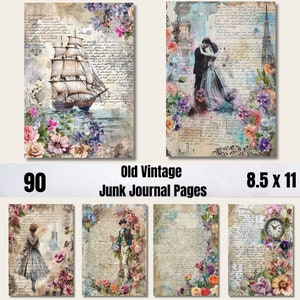 Kit de diário de lixo com cartas de amor antigas e vintage, papel de scrapbook romântico, imprimíveis florais vintage, itens efêmeros neutros, folhas de colagem desgastadas
