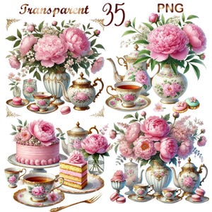 35 PNG  Pastel Vintage Floral Tea Time Clipart bundle, Spring Tea Party Designs, Sprin Decor Crafts, Comercial use, Digital Download