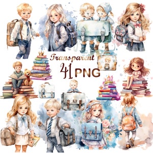 41 Watercolor Back to School, PNG, Transparent background, ideal for planners, stationery and invitations, commercial use