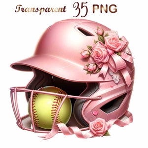 May include: A pink softball helmet with a white face mask and a yellow softball inside. The helmet is decorated with pink roses and a pink ribbon.