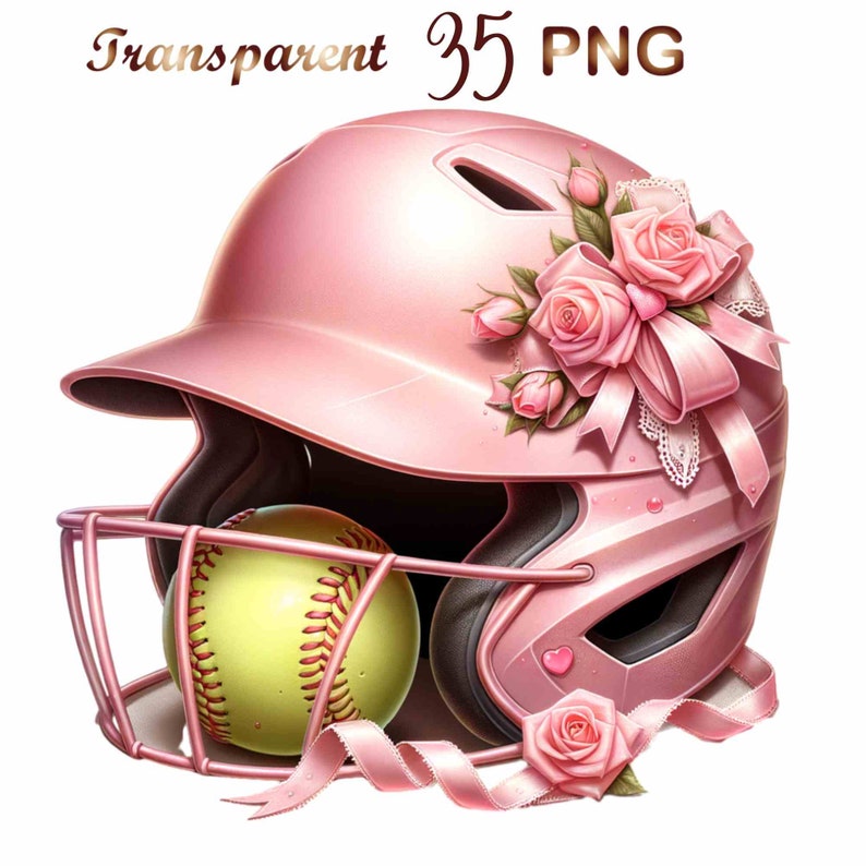 May include: A pink softball helmet with a white face mask and a yellow softball inside. The helmet is decorated with pink roses and a pink ribbon.
