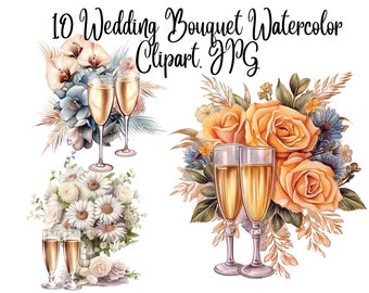 10  Wedding Bouquet Watercolor Clipart, JPG, Bridal Flowers Junk Journaling, Watercolor Card Making Commercial Use Digital Instant Download