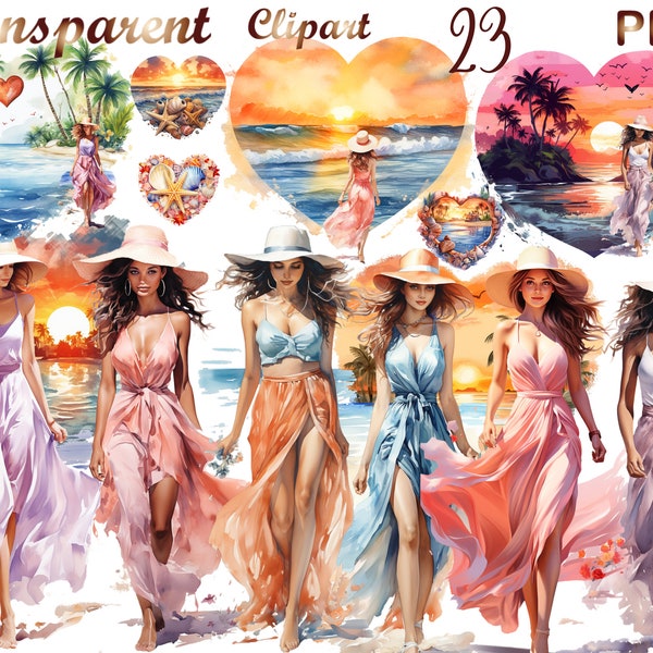 23 Watercolor Retro Beach Clipart png, Retro style PNG, Retro Lady PNG, Vintage Women PNG, Digital Download, Commercial USe