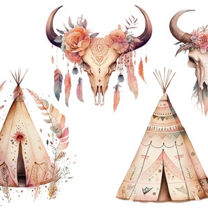 May include: Watercolour illustration of two teepees with geometric patterns and a floral skull with feathers. The teepees are decorated with brown, pink and white colours. The skull is decorated with pink and white flowers and feathers.