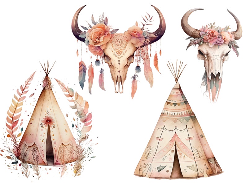May include: Watercolour illustration of two teepees with geometric patterns and a floral skull with feathers. The teepees are decorated with brown, pink and white colours. The skull is decorated with pink and white flowers and feathers.