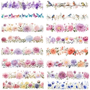 botanical border, seamless border, wildflower frame, flower border png, watercolor border, garden clipart, wedding border, digital flower art, floral clipart, floral png, flower frame png, scrapbook border, seamless floral