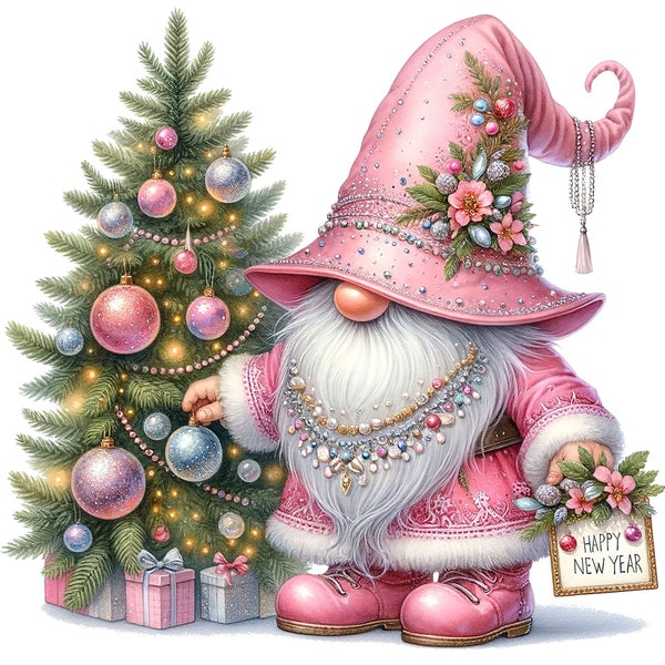 20 Happy New year pink gnomes Clipart bundle PNG,Christmas pink gnome clipart,Gnome graphic,winter gnome png,pink christmas clipart png