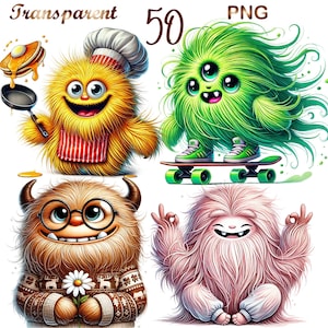May include: Four cartoon monsters with different expressions and features. A yellow monster wearing a chef's hat holds a frying pan, a green monster with three eyes rides a skateboard, a brown monster with glasses holds a daisy, and a pink monster with long hair sits in a yoga pose.
