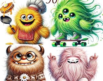 Könnte beinhalten: Vier Cartoon-Monster mit unterschiedlichen Gesichtsausdrücken und Merkmalen. Ein gelbes Monster mit Kochmütze hält eine Bratpfanne, ein grünes Monster mit drei Augen fährt Skateboard, ein braunes Monster mit Brille hält eine Gänseblümchen und ein pinkfarbenes Monster mit langem Haar sitzt in einer Yoga-Pose.