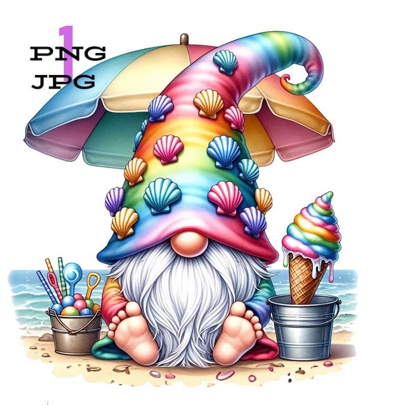 May include: A gnome wearing a rainbow and seashell hat sits on a beach with a beach umbrella, a bucket, and a rainbow ice cream cone.