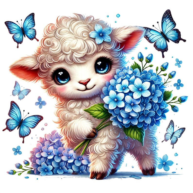 Op de afbeelding: Een schattig wit lam met grote blauwe ogen houdt een boeket blauwe hortensia's vast. Het lam draagt een blauwe bloemenkrans en er vliegen blauwe vlinders omheen.