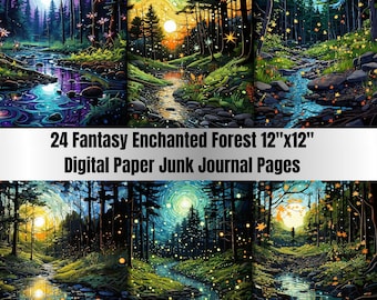 24 Printable Fantasy Enchanted Forest,Digital PaperPack,Magical Mystery Forest Digital Paper,Woodland Cards, Forest Background, Scrapbooking