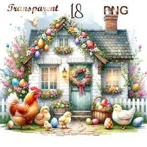 18 PNG, Easter village clipart, easter chicken clipart,country farmhouse easter watercolor clipart,easter basket clipart,easter lamb clipart